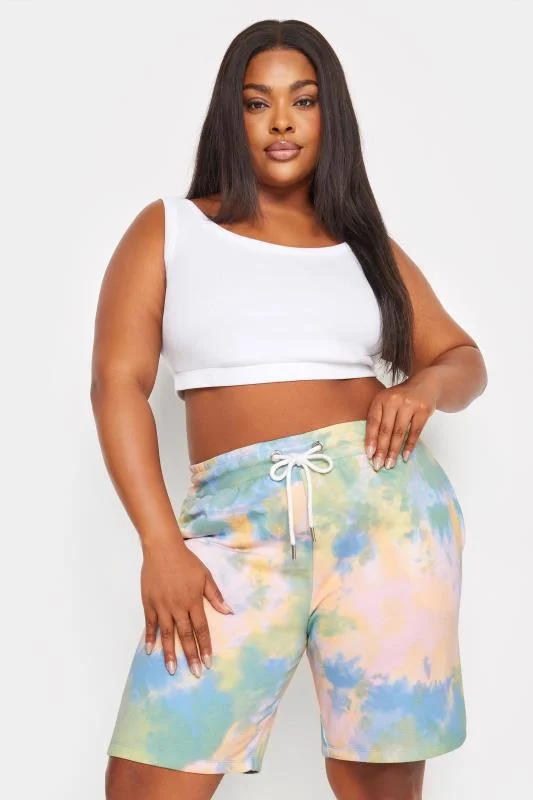 YOURS Curve Blue & Green Tie Dye Jogger Shorts