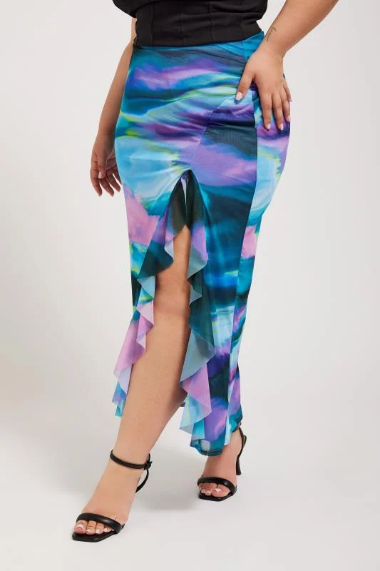 YOURS LONDON Curve Blue Abstract Print Ruffle Maxi Skirt