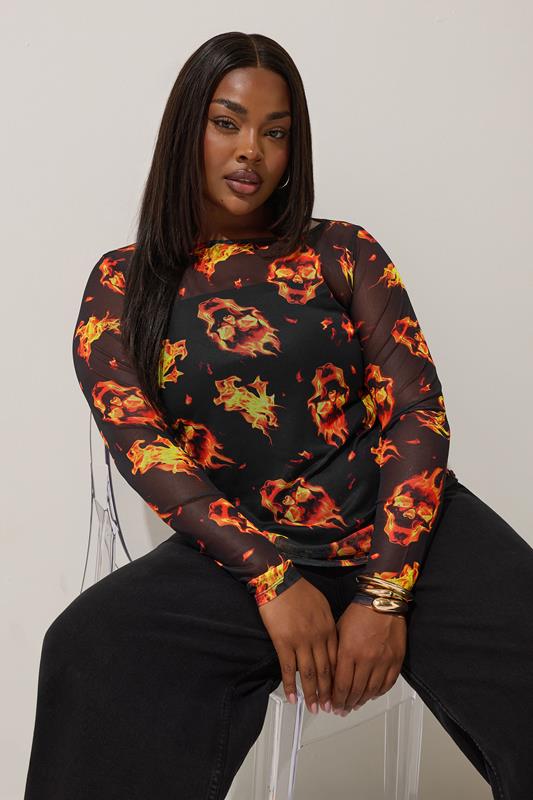 LIMITED COLLECTION Curve Black Fire Skull Mesh Top