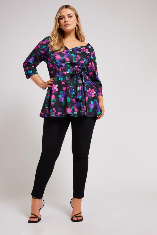 YOURS LONDON Curve Black Floral Print Peplum Top 3 YOURS LONDON Curve Black Floral Print Peplum Top