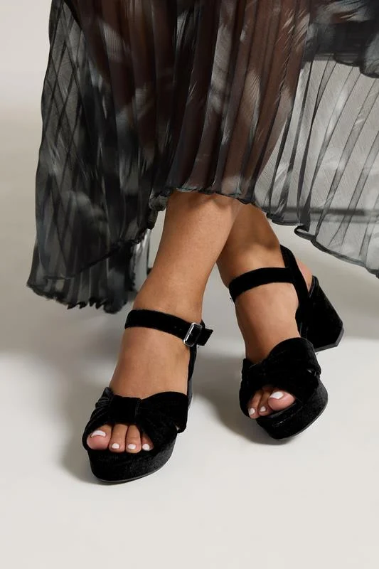 Black Velvet Bow Strap Platform Heels In Extra Wide Fit