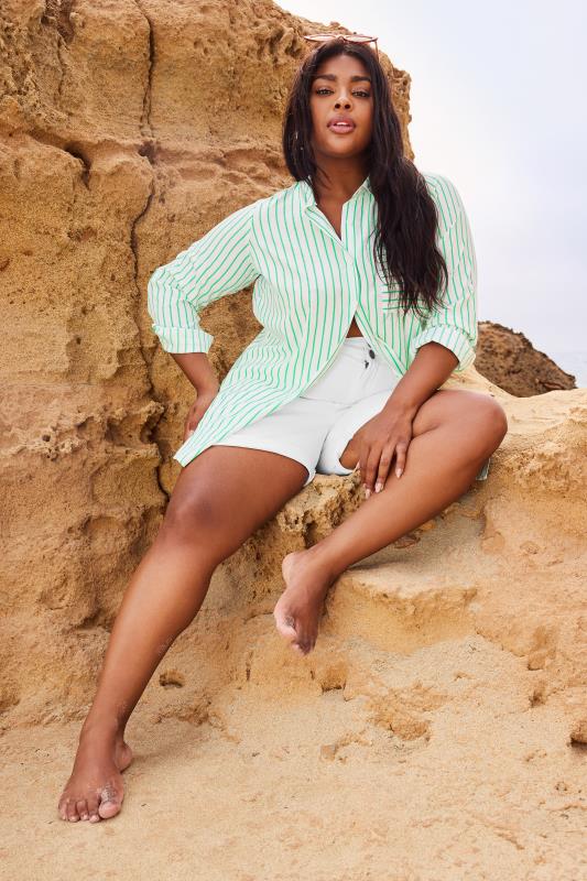 YOURS Curve White & Green Stripe Print Boyfriend Shirt