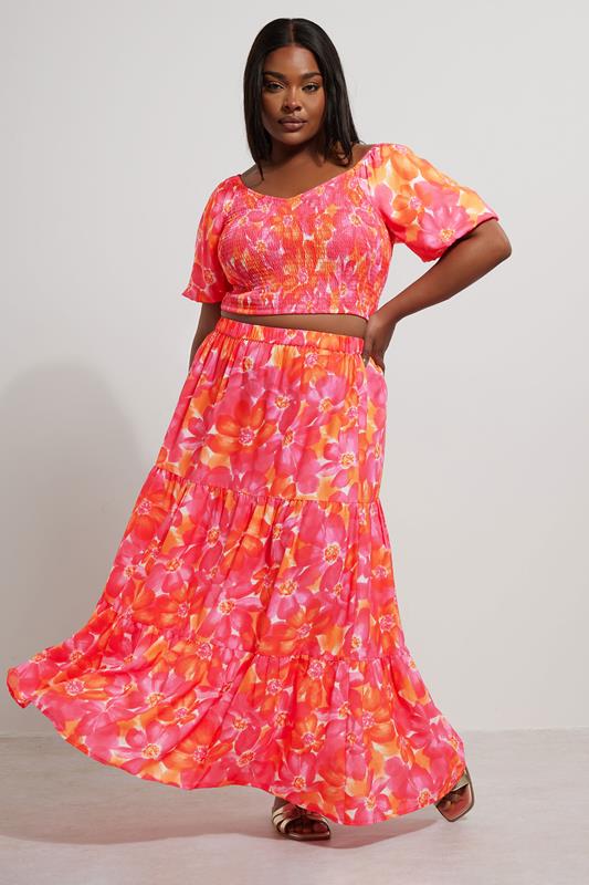 YOURS Curve Pink Floral Tiered Maxi Skirt