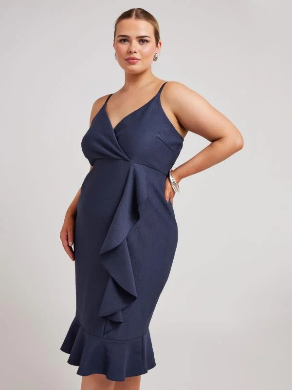 YOURS LONDON Curve Navy Blue Ruffle Jacquard Dress