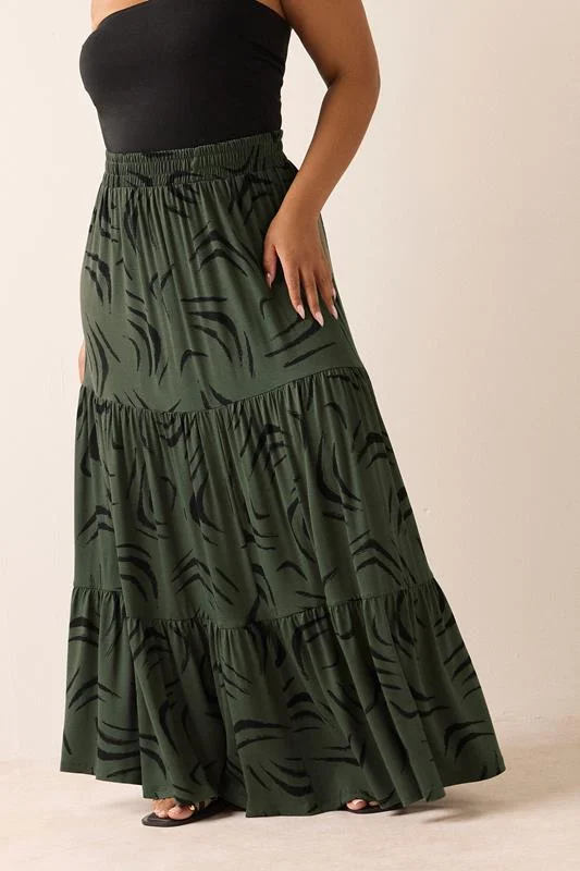YOURS Curve Khaki Green Abstract Tiered Maxi Skirt