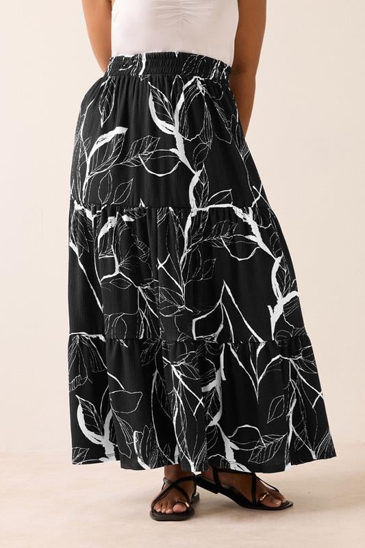 YOURS Curve Black Leaf Print Tiered Maxi Skirt