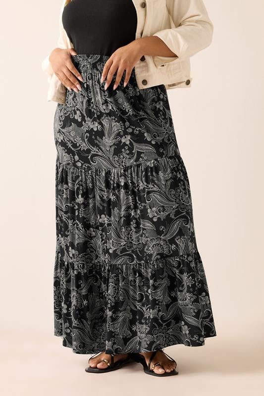 YOURS Curve Black Paisley Tiered Maxi Skirt