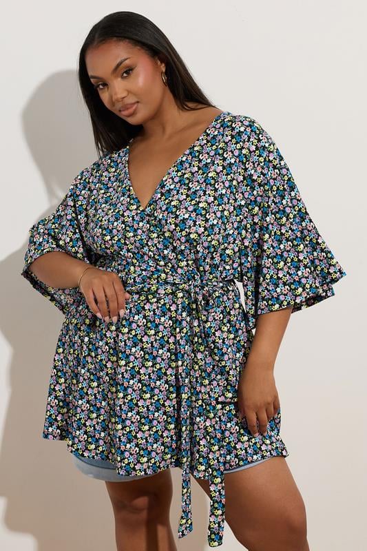 YOURS Curve Black Floral Print Textured Wrap Top