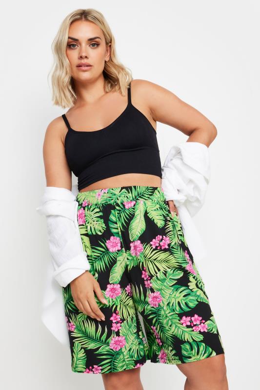 YOURS Curve Black Tropical Print Jersey Pull On Shorts