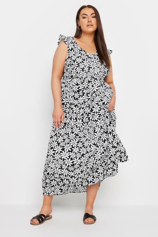 YOURS Curve Black Floral Print Frill Sleeve Maxi Dress