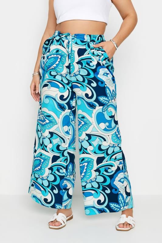YOURS Curve Blue Abstract Print Drawstring Wide Leg Trousers 3 YOURS Curve Blue Abstract Print Drawstring Wide Leg Trousers