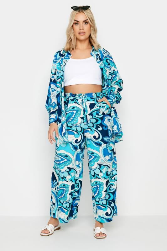 YOURS Curve Blue Abstract Print Drawstring Wide Leg Trousers 4 YOURS Curve Blue Abstract Print Drawstring Wide Leg Trousers