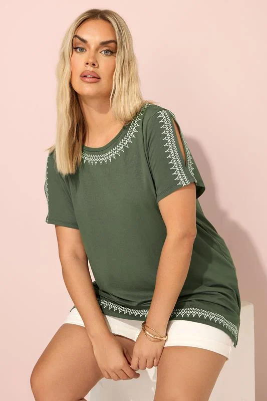 YOURS Curve Khaki Green Embroidered T-Shirt
