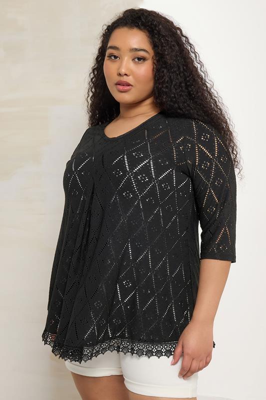 YOURS Curve Black Broderie Anglaise Pleat Front Top