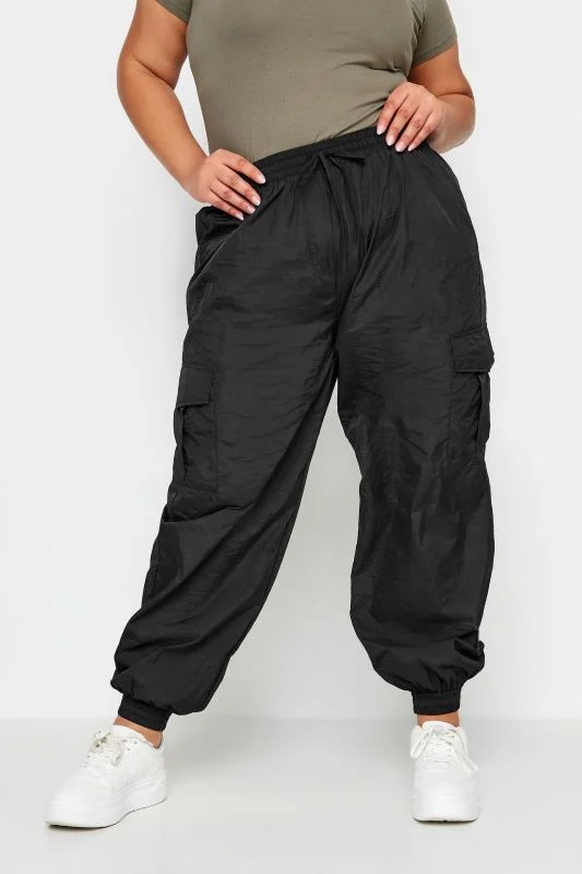 YOURS Curve Black Cargo Pocket Parachute Trousers