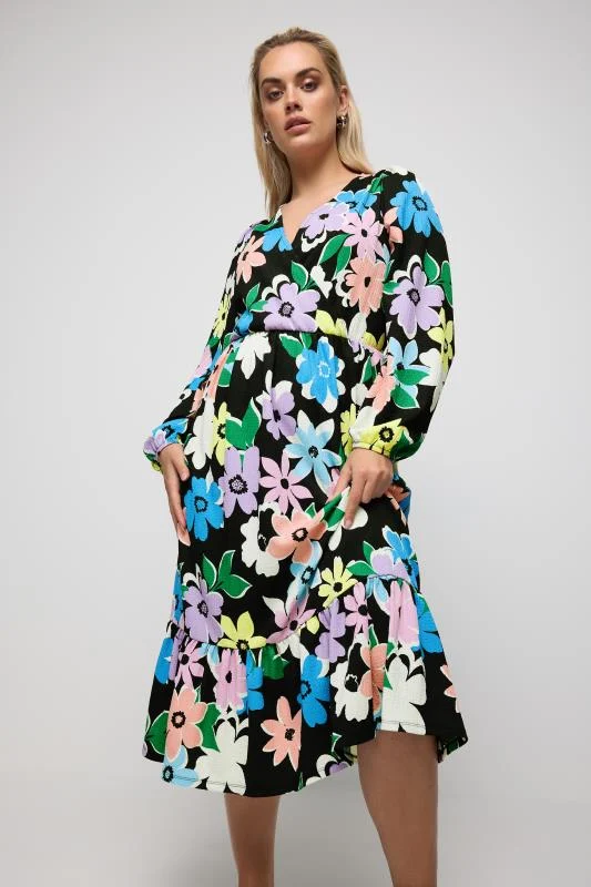 YOURS Curve Black Floral Print Long Sleeve Textured Wrap Dress