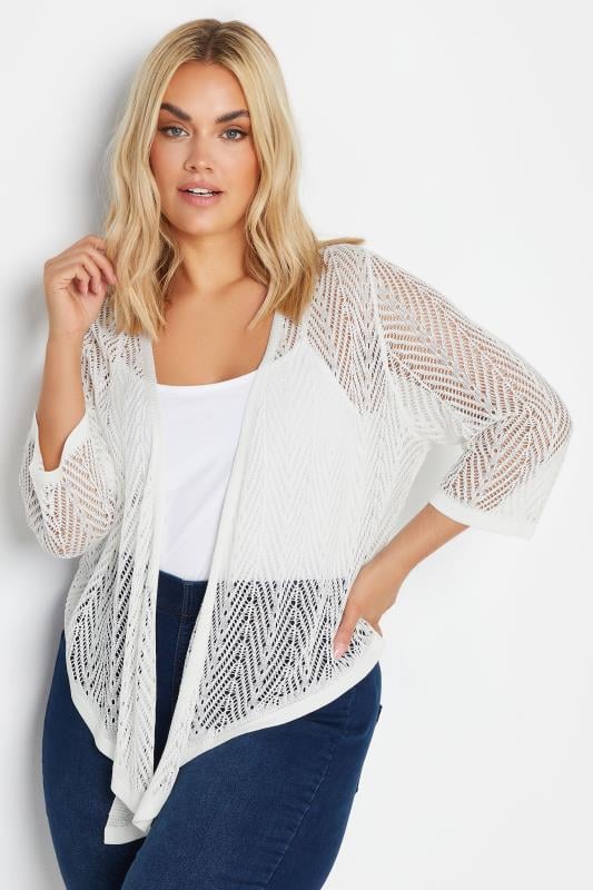 YOURS Curve White Crochet Waterfall Cardigan
