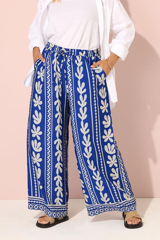 YOURS Curve Cobalt Blue Aztec Leaf Wide Leg Trousers