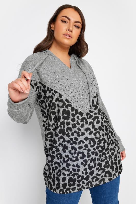 YOURS Curve Grey Leopard Print Stud Hoodie