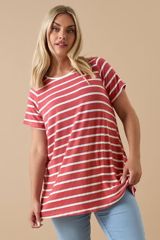 YOURS Curve Red Stripe Ribbed Swing T-Shirt
