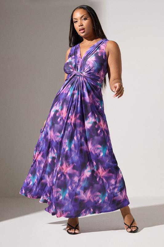 YOURS LONDON Curve Purple Blur Print Knotted Front Maxi Dress