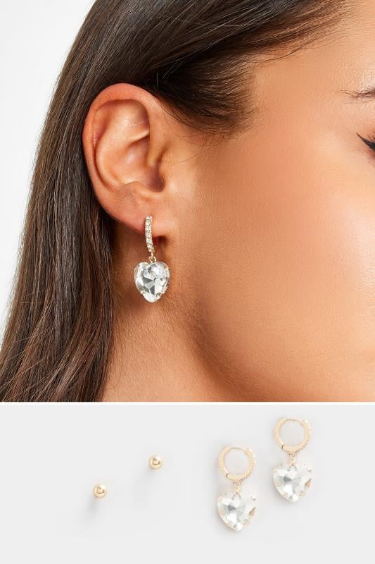 2 PACK Gold Tone Diamante Heart Hoop & Stud Earring Set