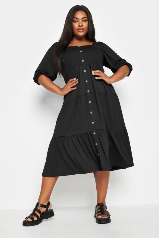 YOURS Curve Black Button Front Tiered Midi Dress
