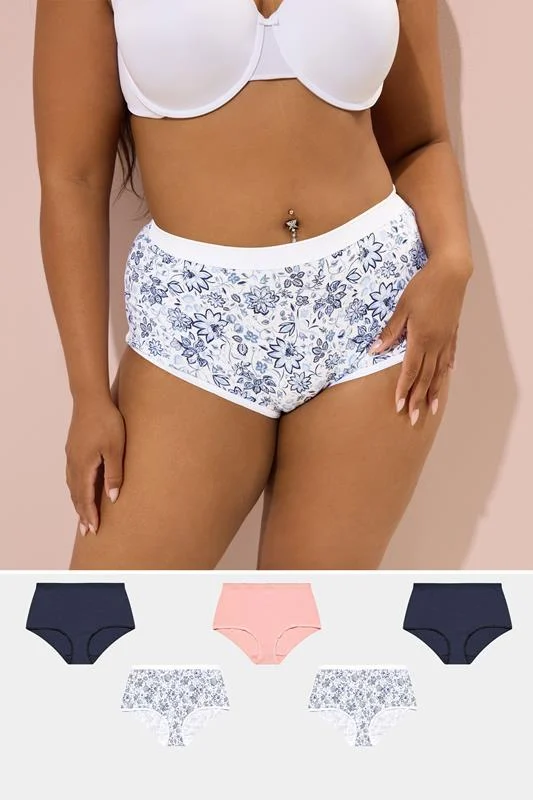 YOURS 5 PACK Curve Navy Blue Floral Print Full Briefs