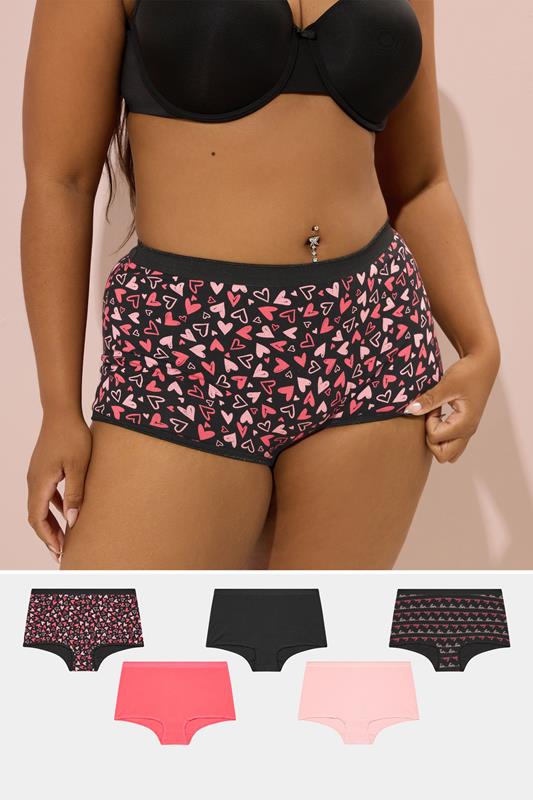 YOURS Curve 5 PACK Black & Pink Heart Print Shorts