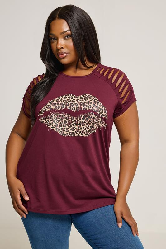YOURS Curve Red Leopard Print Lips Laser Cut T-Shirt