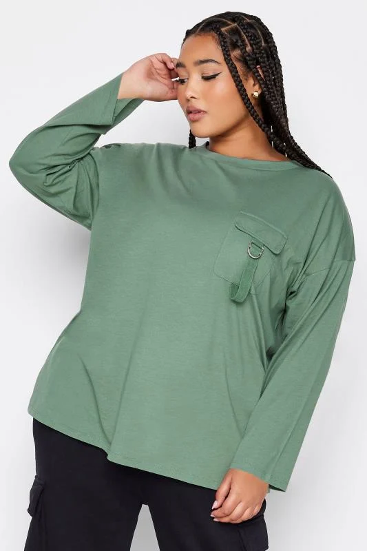 YOURS Curve Green Utility Pocket Long Sleeve T-Shirt