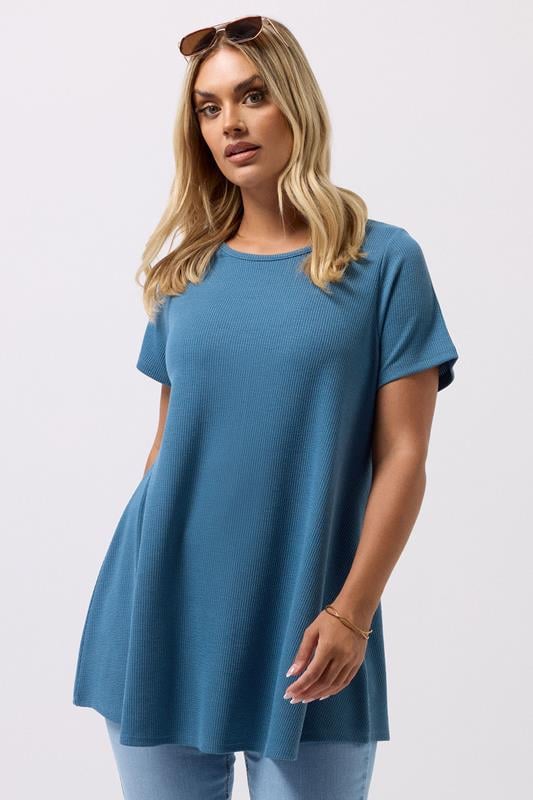 YOURS Curve Blue Ribbed Soft Touch T-Shirt