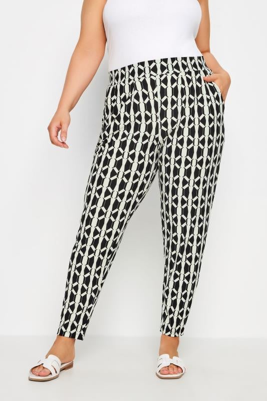 YOURS Curve Black Geometric Print Double Pleat Harem Trousers