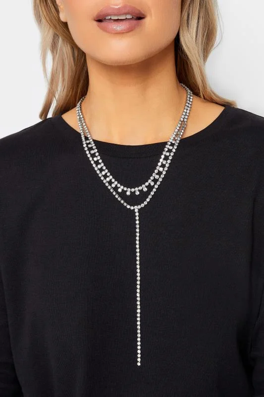 Long Silver Double Layer Diamante Necklace