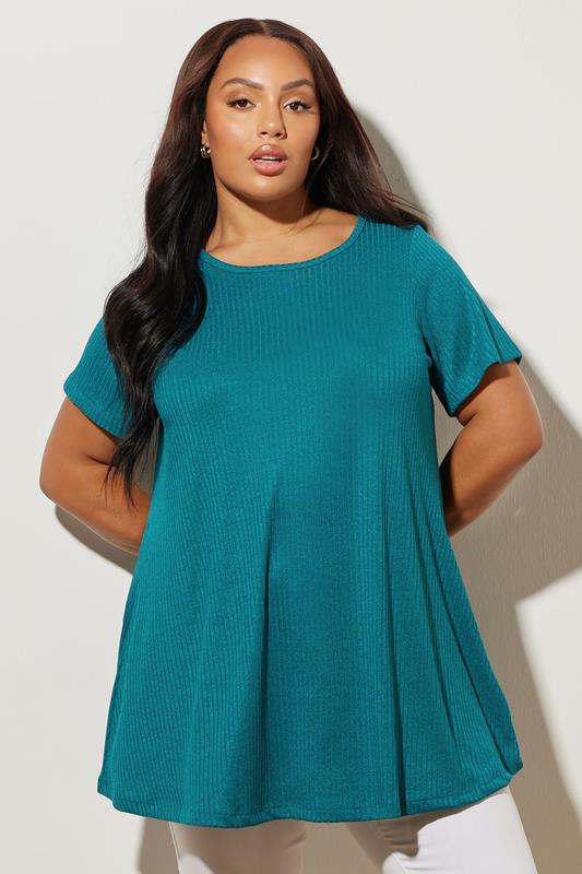 YOURS Curve Teal Blue Ribbed Soft Touch T-Shirt