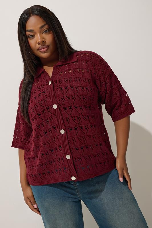 LIMITED COLLECTION Curve Red Button Through Crochet Shirt