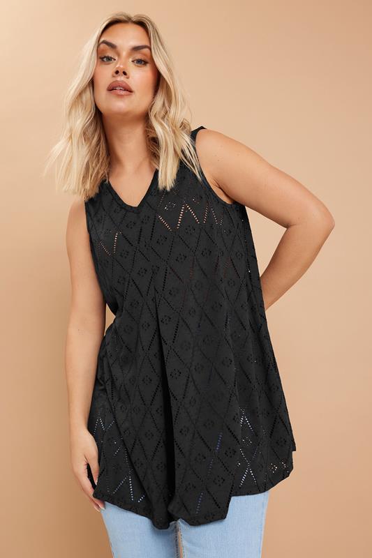 YOURS Curve Black Broderie Vest Top