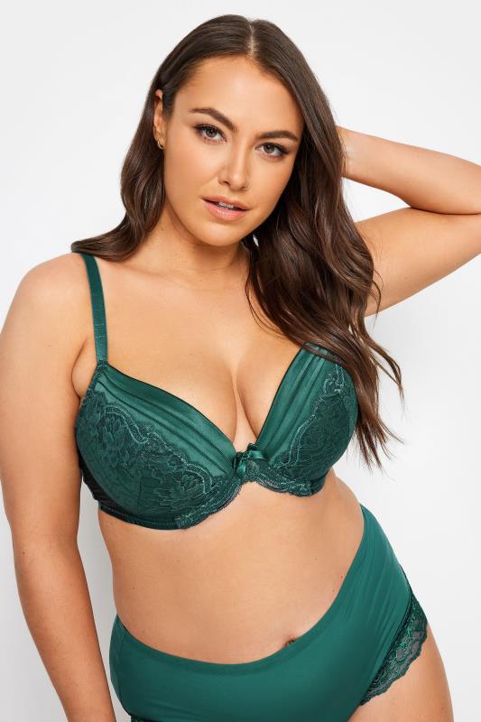 YOURS Curve Green Lace Detail Satin Padded Plunge Bra