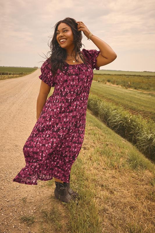 YOURS Curve Pink Floral Print Textured Maxi Dress