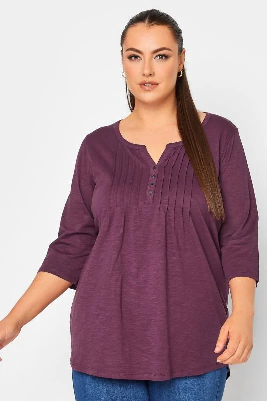YOURS Curve Purple Pintuck Button Henley T-Shirt