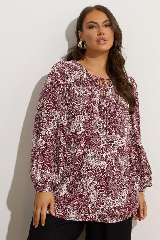 YOURS Curve Brown Paisley Print Lattice Tie Front Blouse