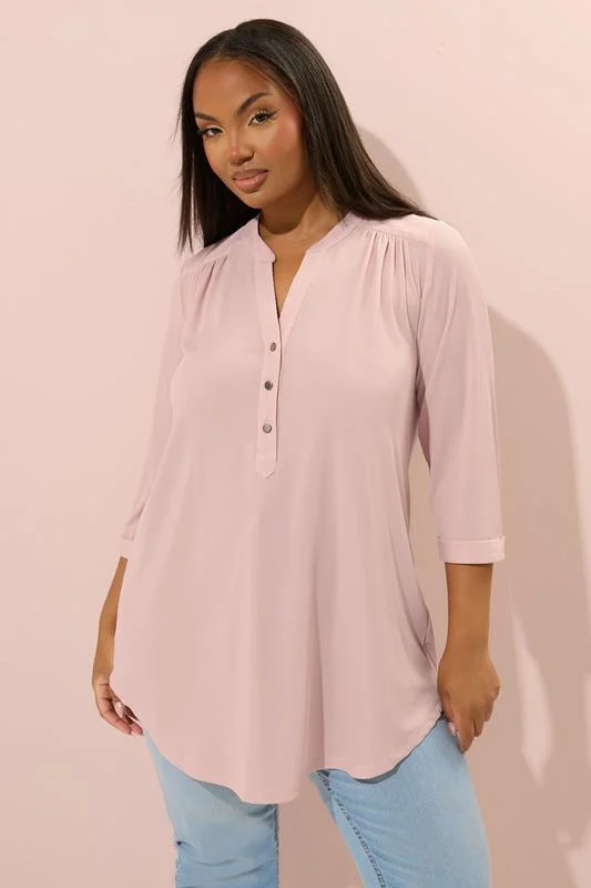 YOURS Curve Pink Half Placket Ribbed Shirt