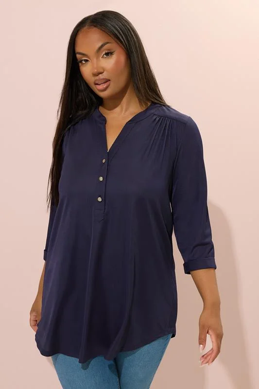 YOURS Curve Navy Blue Half Placket Ribbed Shirt