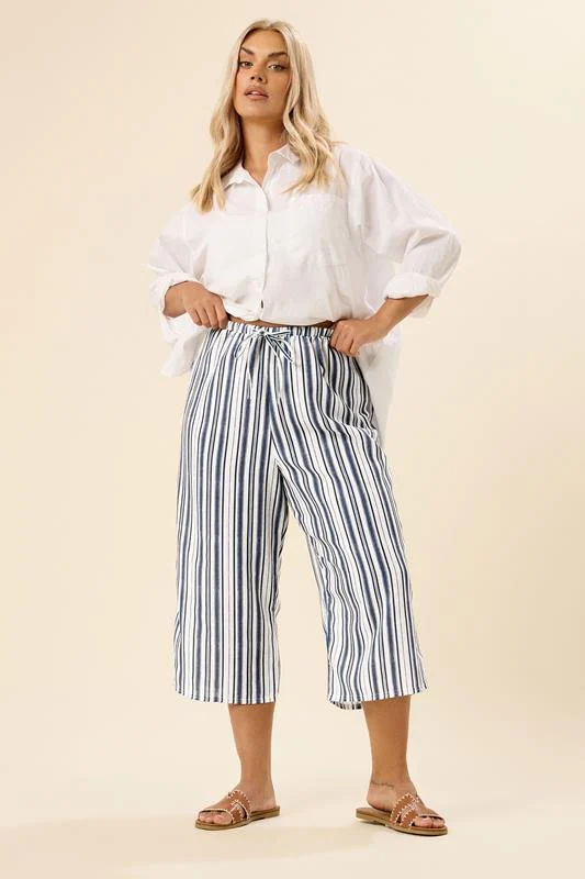 YOURS Curve Blue Stripe Linen Look Culottes