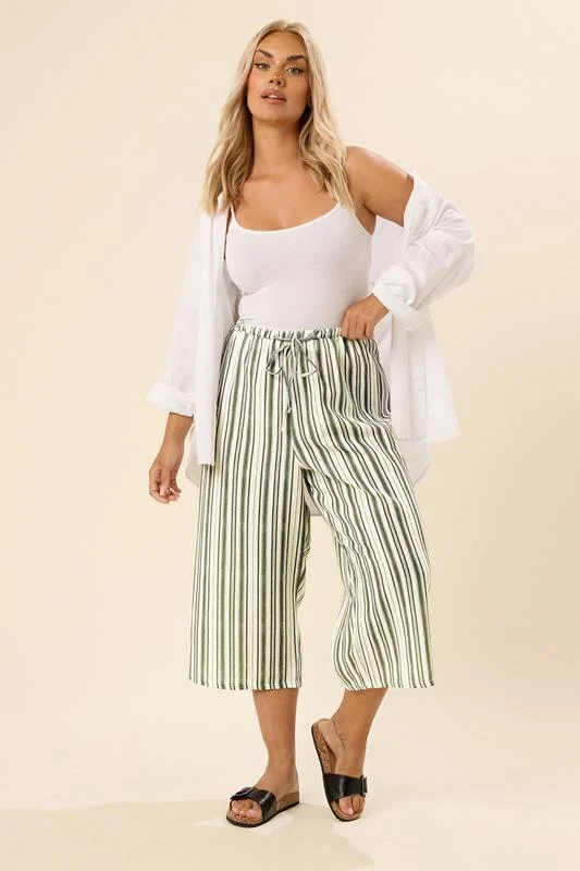 YOURS Curve Khaki Green Stripe Linen Look Culottes