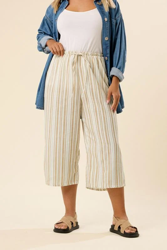 YOURS Curve Natural Brown Stripe Linen Look Culottes