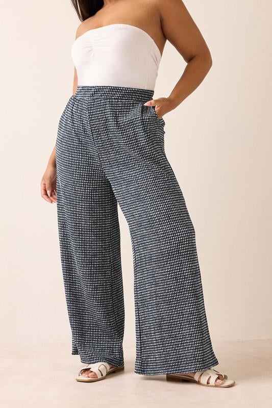 YOURS Curve Black Gingham Crinkle Wide Leg Trousers