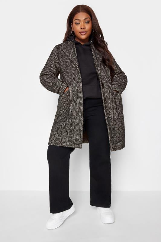 YOURS Curve Black Herringbone Midi Formal Coat