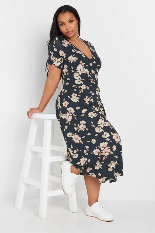 YOURS Curve Navy Blue Floral Buckle Midi Dress