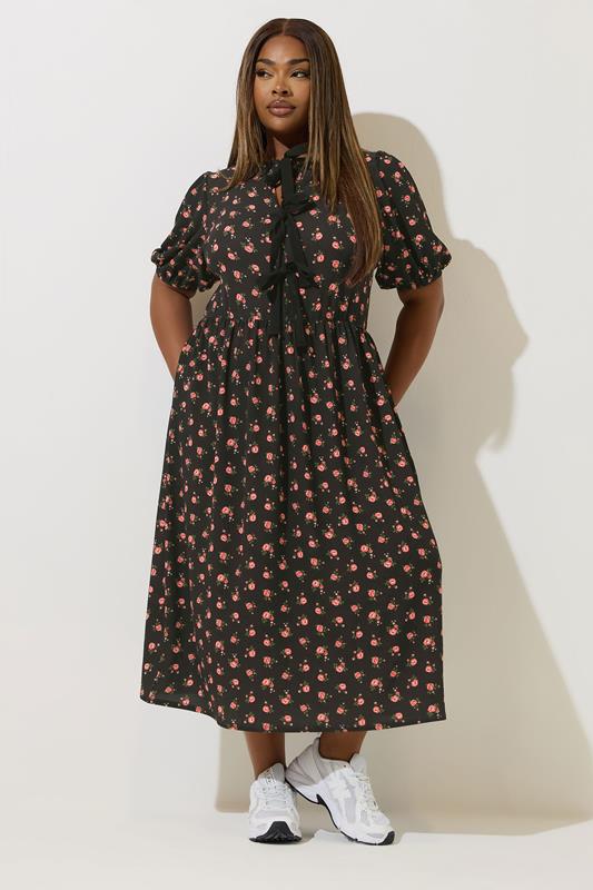 LIMITED COLLECTION Curve Black Rose Bow Tie Front Dress